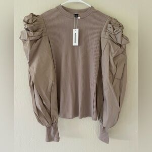 CBR Brown Puff Sleeve Ribbed Blouse